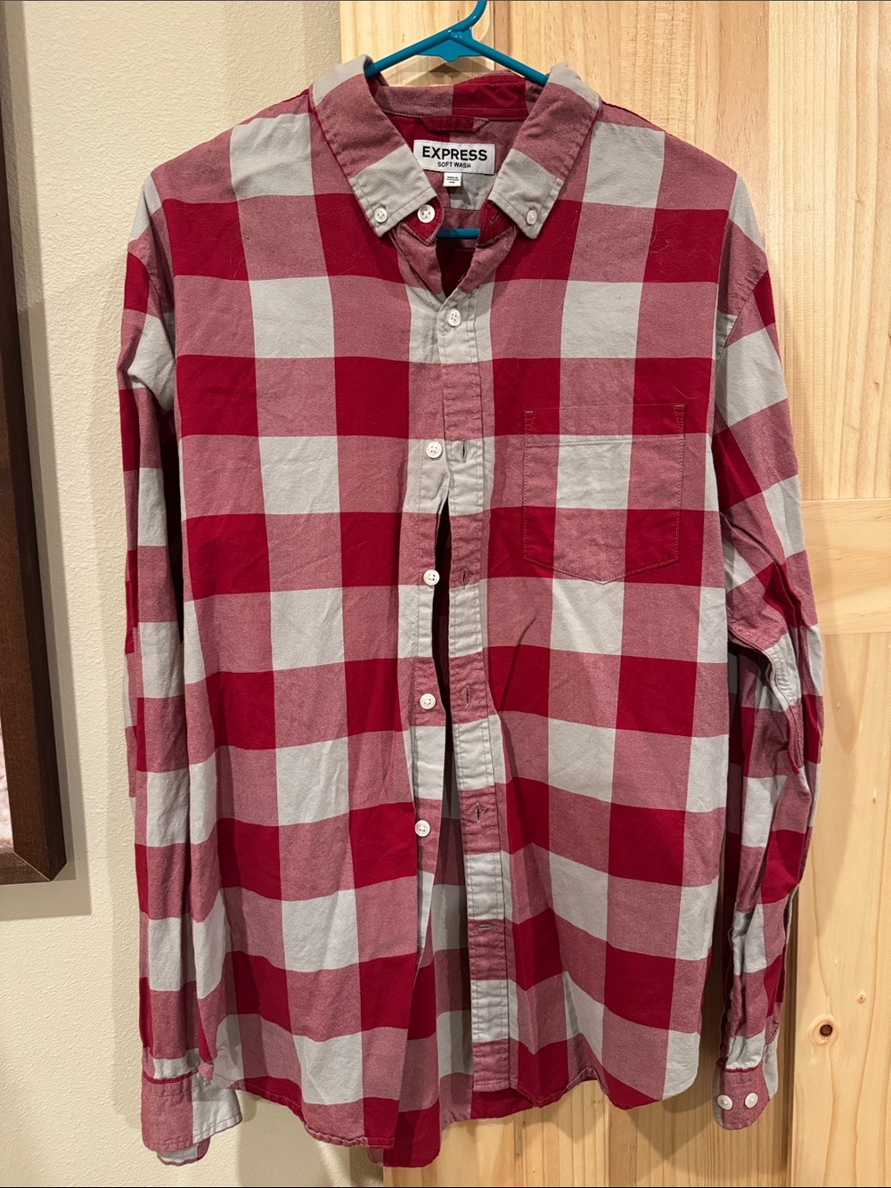 Express Men's Red and White Buffalo Check Button-Down Shirt